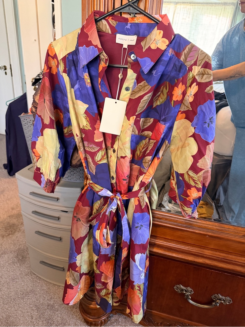 entro Multicolor Floral Button-Front Tie-Waist Shirtdress
